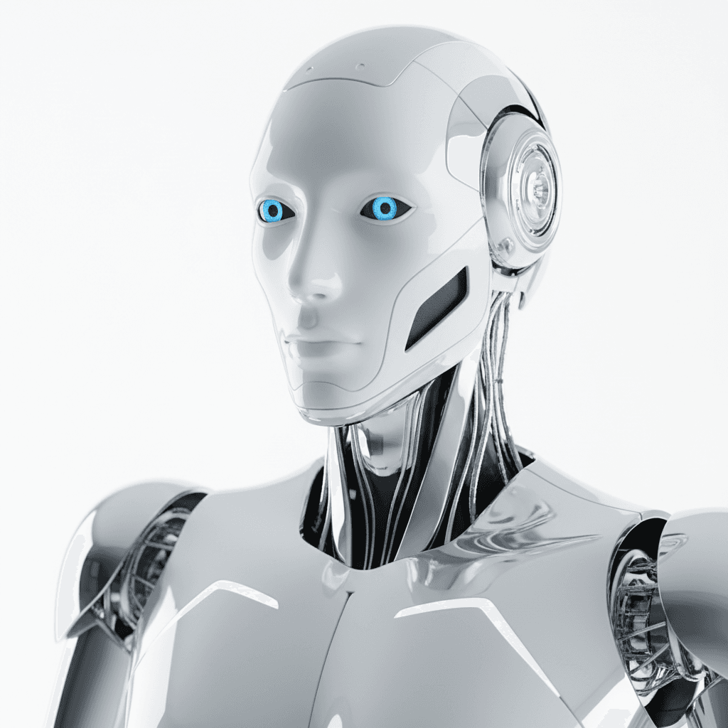 Close-up of advanced humanoid robot's face with metallic features and LED sensors in white studio lighting