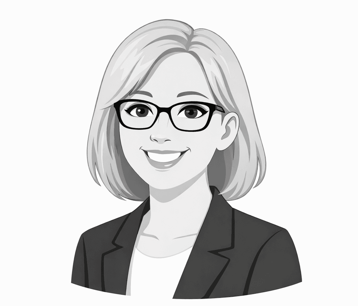 Grayscale illustration of a smiling woman with short hair, black glasses, and a blazer.