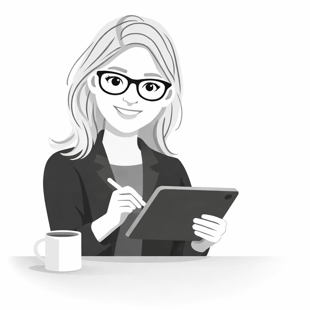 Smiling woman with glasses using a stylus on a tablet beside a coffee mug.