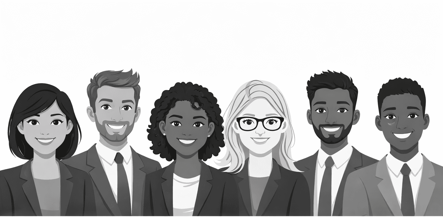 Grayscale illustration of six diverse, smiling professionals in business attire against a plain white background.