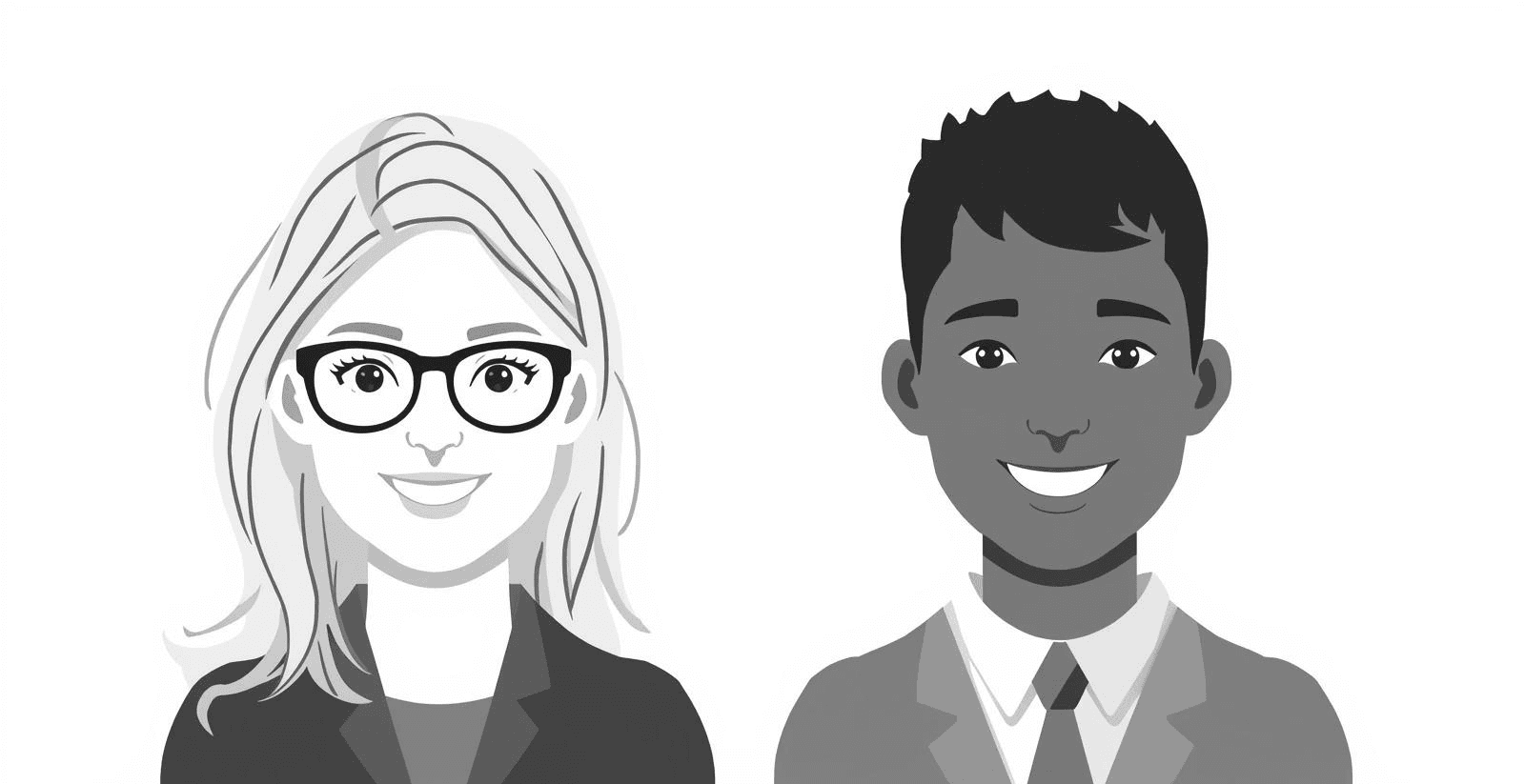 Grayscale illustration of a smiling woman with glasses and a smiling man in a suit.