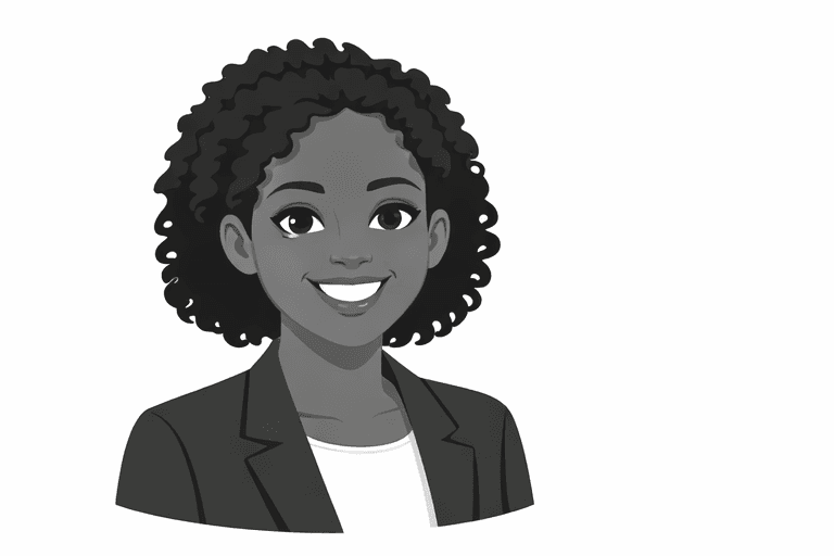 Grayscale illustration of a smiling Black woman with curly hair wearing a professional blazer.