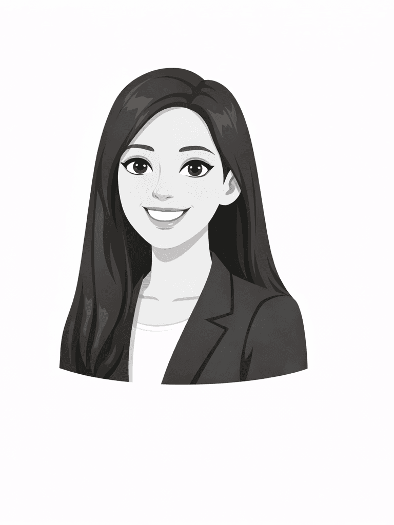 Grayscale cartoon of a smiling young woman with long dark hair wearing a professional blazer.